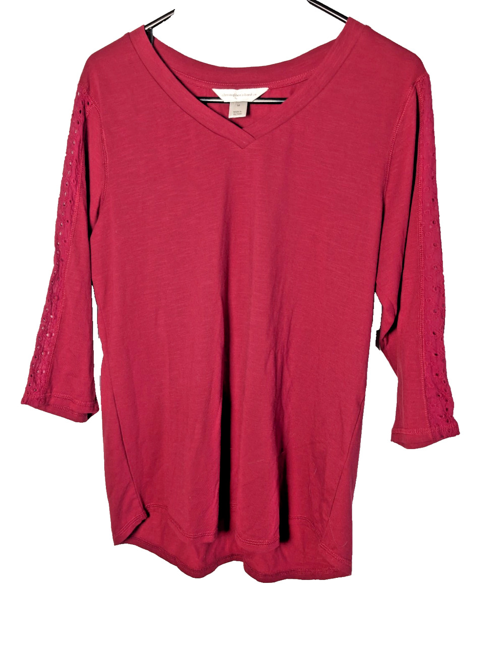 Christopher & Banks Shirt Women's Top V-Neck Size Medium T-shirt 3/4 Sleeve Red